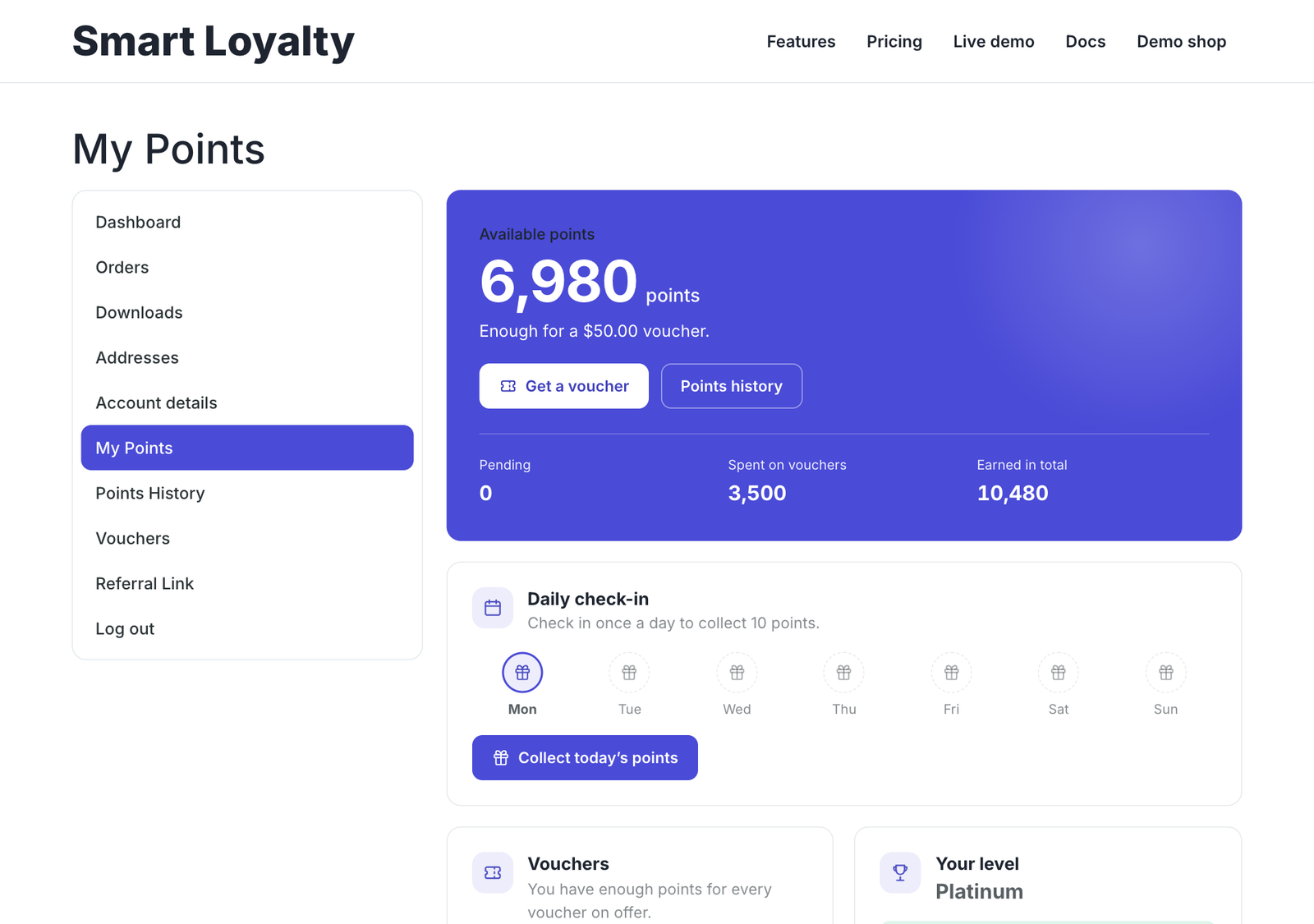 Customer My Points page showing a points balance in WooCommerce